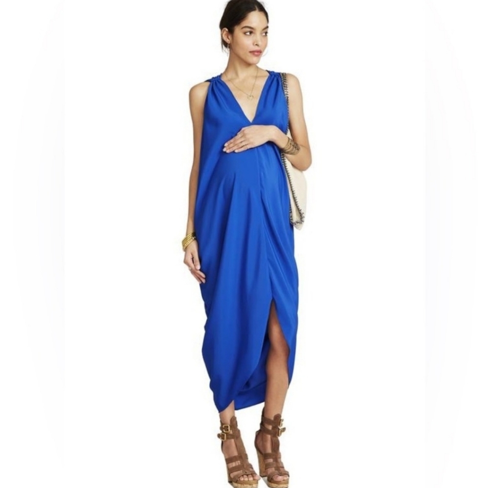 Hatch Royal Blue V-Neck Draped Maternity Dress